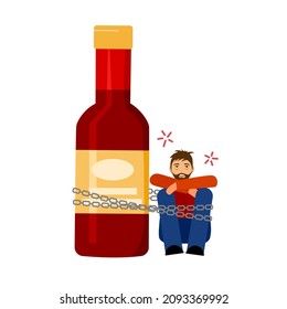 Drunk man sitting and chained with big alcohol bottle in flat design. Alcoholic character. Alcohol addiction.