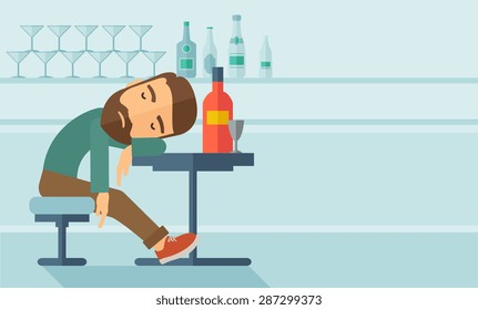 A drunk man sitting fall asleep on the table with a bottle of beer inside the pub. Over drink concept. A contemporary style with pastel palette soft blue tinted background. Vector flat design