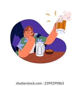 Hombre ebrio sentado en el mostrador del bar. Un tipo con barba bebe alcohol, sostiene un vaso de cerveza con espuma. La gente celebra, vitorea en el pub. Concepto de adicción poco saludable. Ilustración vectorial aislada plana en blanco