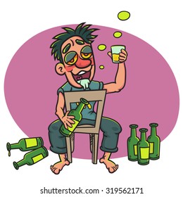 Drunk Man  Sitting On A Chair With Alcohol Bottles On The Floor, illustration  