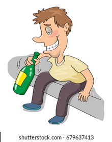 Drunk man sitting on sidewalk, vector illustration cartoon