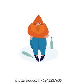 Drunk man sitting surrounded by bottles flat vector illustration.