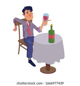 Drunk man sitting at table flat cartoon vector illustration. Alcoholic drinking wine alone. Ready to use 2d character template for commercial, animation, printing design. Isolated comic hero