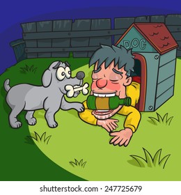 drunk man sleep with dog,vector