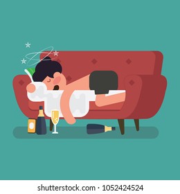 A drunk man sleep on the sofa with a bottle of beer