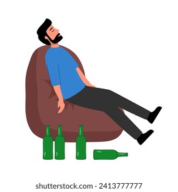 Drunk man sleeping with beer alcohol bottle on the floor in flat design. Alcoholic character. Alcohol addiction.