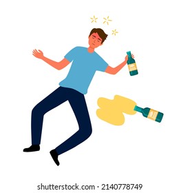 Drunk man sleeping with beer bottle on the floor in flat design. Alcoholic character. Alcohol addiction.