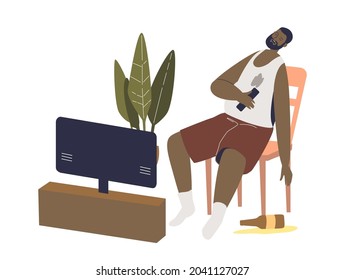 Drunk man sleeping in front of tv watching movie or show and drinking beer in evening at home. Bad habits and sedentary lifestyle concept. Cartoon flat vector illustration