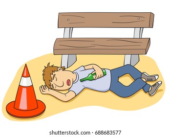 Drunk man sleeping near orange pylon, vector illustration cartoon