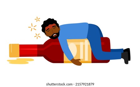Drunk man sleeping on beer bottle in flat design on white background. Beer alcohol addiction. Alcoholic guy.