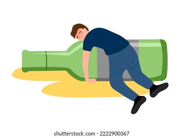 Hombre ebrio durmiendo en una botella de cerveza en el suelo con diseño plano. Carácter alcohólico. Adicción al alcohol.