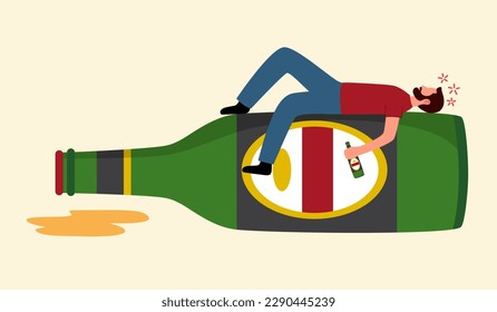 Drunk man sleeping on beer bottle in flat design. Alcohol addiction. Alcoholic guy.