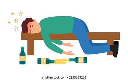 Drunk man sleeping on bench in flat design on white background. Beer alcohol addiction. Alcoholic guy.