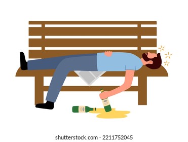 Drunk man sleeping on a bench outdoor in flat design on white background. Alcoholic man.