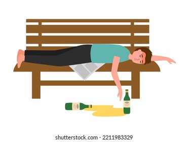 Drunk man sleeping on a bench outdoor in flat design on white background. Alcoholic man.