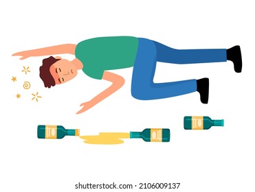 Drunk man sleeping on the floor with beer bottle on the floor in flat design. Alcoholic character. Alcohol addiction.