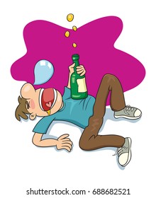 Drunk man sleeping on the ground, vector illustration cartoon