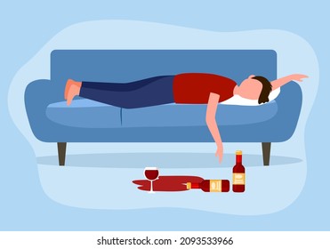 Drunk man sleeping on sofa with beer glass and alcohol bottle on the floor in flat design. Alcoholic character. Alcohol addiction.