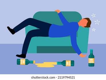 Hombre ebrio durmiendo en un sofá con una botella de alcohol de cerveza en el suelo en diseño plano. Carácter alcohólico. Adicción al alcohol.