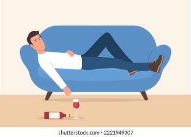 Drunk man sleeping on the sofa. Wine glass and alcohol bottle on the floor.Woman has alcohol addiction. Vector illustration