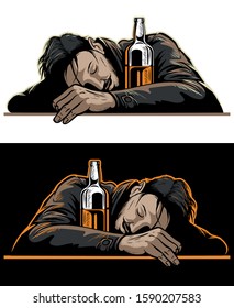 Drunk man sleeping on a table with the whiskey bottle, on white and black background.