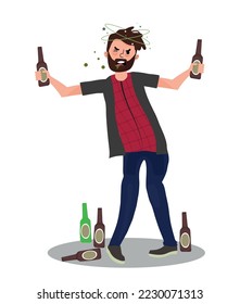 Drunk man standing among empty bottles on the floor, alcohol addiction, bad habit vector Illustration.