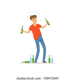 Drunk man standing among empty bottles on the floor, alcohol addiction, bad habit vector Illustration