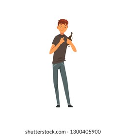 Drunk Man Standing with Bottle of Alcohol Drink, Side View Vector Illustration