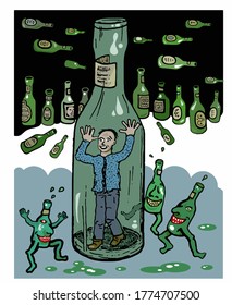 Drunk man trapped in a bottle due to delirium