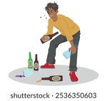 Drunk man trying to stand up, several bottles of drinks on the floor, person with alcoholism problem. vector illustration.