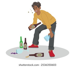 Drunk man trying to stand up, several bottles of drinks on the floor, person with alcoholism problem. vector illustration.