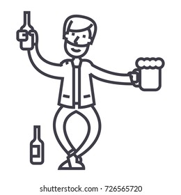 drunk man vector line icon, sign, illustration on background, editable strokes