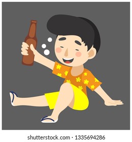 Drunk man Vector. Thai water festival 'Songkarn' Party. Flat Cartoon Illustration. Drunk man sitting and holding bottle of beer.