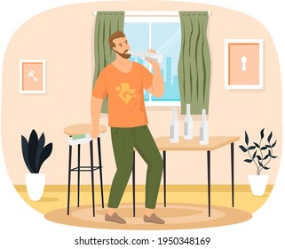 Hombre ebrio con botellas de vodka sobre la mesa. El hombre adicto bebe alcohol solo en casa