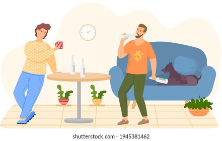 Drunk man with vodka and guy with cup together. Unhealthy lifestyle and alcohol drinking concept