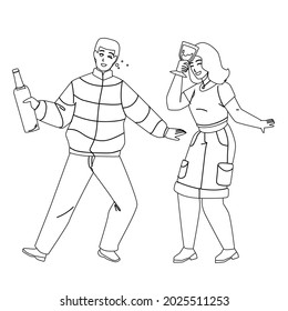 Drunk Man And Woman Couple Drink Together Black Line Pencil Drawing Vector. Drunk Young Boy Holding Bottle With Alcoholic Beverage And Girl With Champagne Glass Cup. On Alcohol Party Illustration