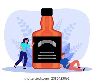 Hombre y mujer ebrios cerca de una botella enorme de bebida alcohólica. Ilustración vectorial plana. Daño del concepto de alcohol