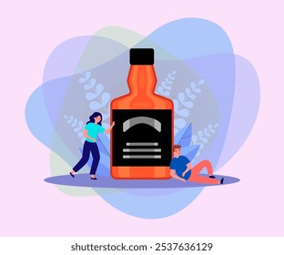 Drunk man and woman near huge bottle of alcoholic drink. Flat vector illustration. Harm of alcohol concept