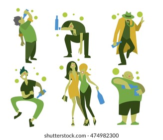 Drunk man and drunk woman on white background