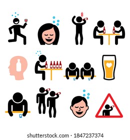 Drunk man and woman, people drinking alcohol color icon set - alcohol abuse problem 