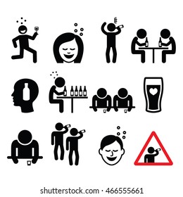 Drunk man and woman, people drinking alcohol icons set 