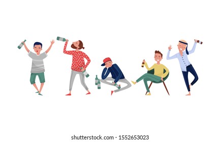 Drunk Men With Alcohol At A Party Vector Illustration Set Isolated On White Background