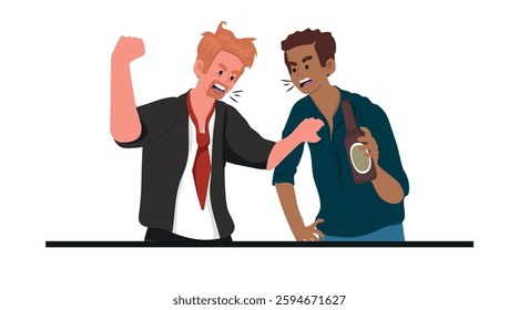 drunk men fighting and arguing, alcoholic drink, vector illustration.