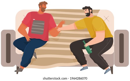 Drunk men sitting on couch and quarrelling. Male characters drink alcohol. Guys alcoholics with bottle of beer. Quarrel of drunk men with hangover. People spend time together at home with alcohol