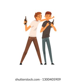 Drunk Men Standing with Bottles of Alcohol Drink, Male Friends Spending Good Time Together, Male Friendship Vector Illustration