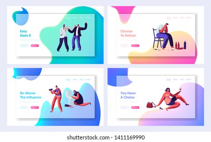 Drunk Men and Women Website Landing Page Set, Alcohol Addiction People. Male and Female Characters Have Pernicious Habits and Substance Abuse, Web Page. Cartoon Flat Vector Illustration, Banner