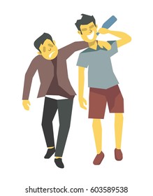 Drunk men or young boys walking awkward and drinking alcohol from bottle leaning on each other. Boozy drunken people concept vector illustration