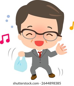 Drunk middle-aged businessman walking and singing