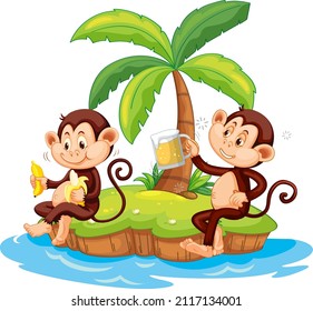 Drunk monkey cartoon character on isolated island illustration