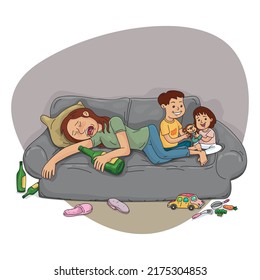 Drunk mother with bottle of alcohol sleeping on a bench near son and daughter, alcohol addiction, illustrator vector cartoon drawing